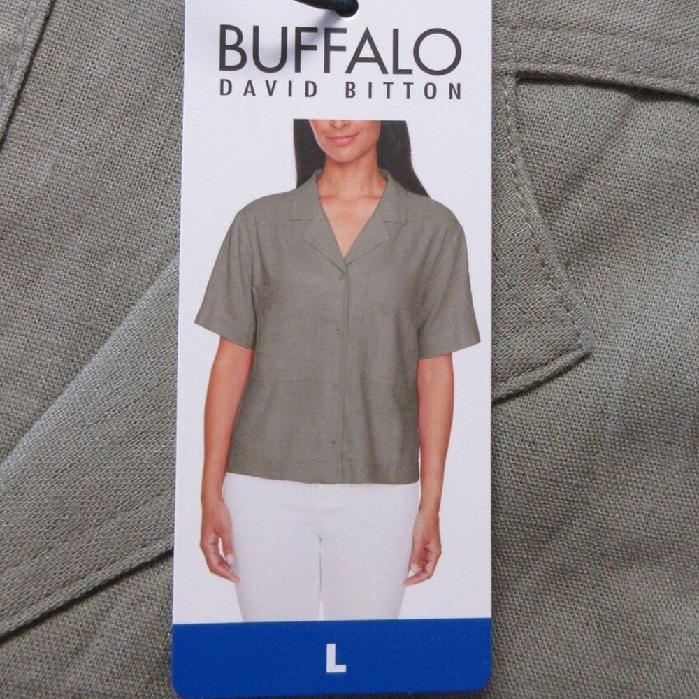 BUFFALO‎ DAVID BITTON Linen Blend Shirt Sz Large Olive Green Boxy Top Blouse NWT